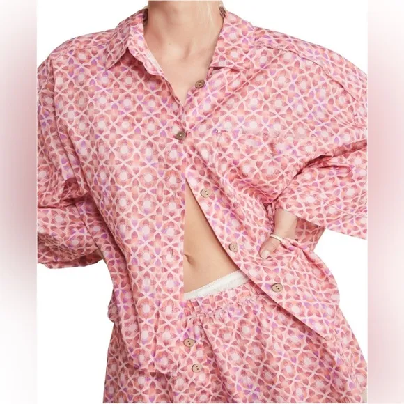 💗 Free People Linen Cotton Printed Daydream Button Down Top