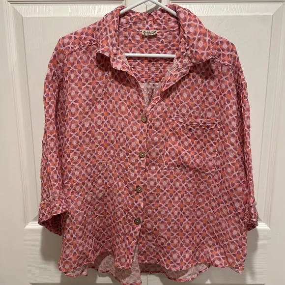 💗 Free People Linen Cotton Printed Daydream Button Down Top