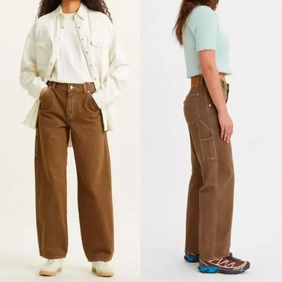 🦋 LEVI'S Brown Dad Utility Jeans Pants 25 Loose Straight Fit High Rise Y2k
