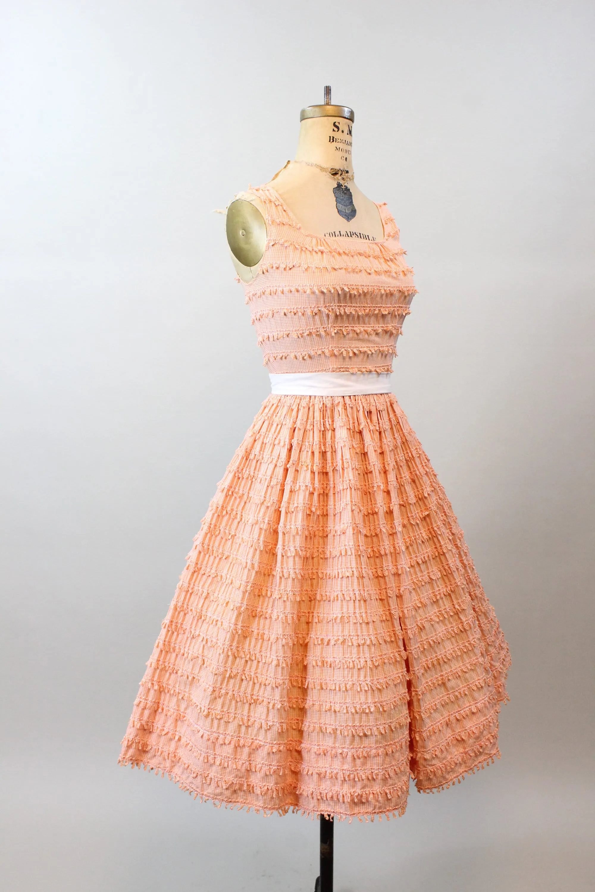 1950s LOOPED GINGHAM cotton print full skirt dress xxs | new spring summer