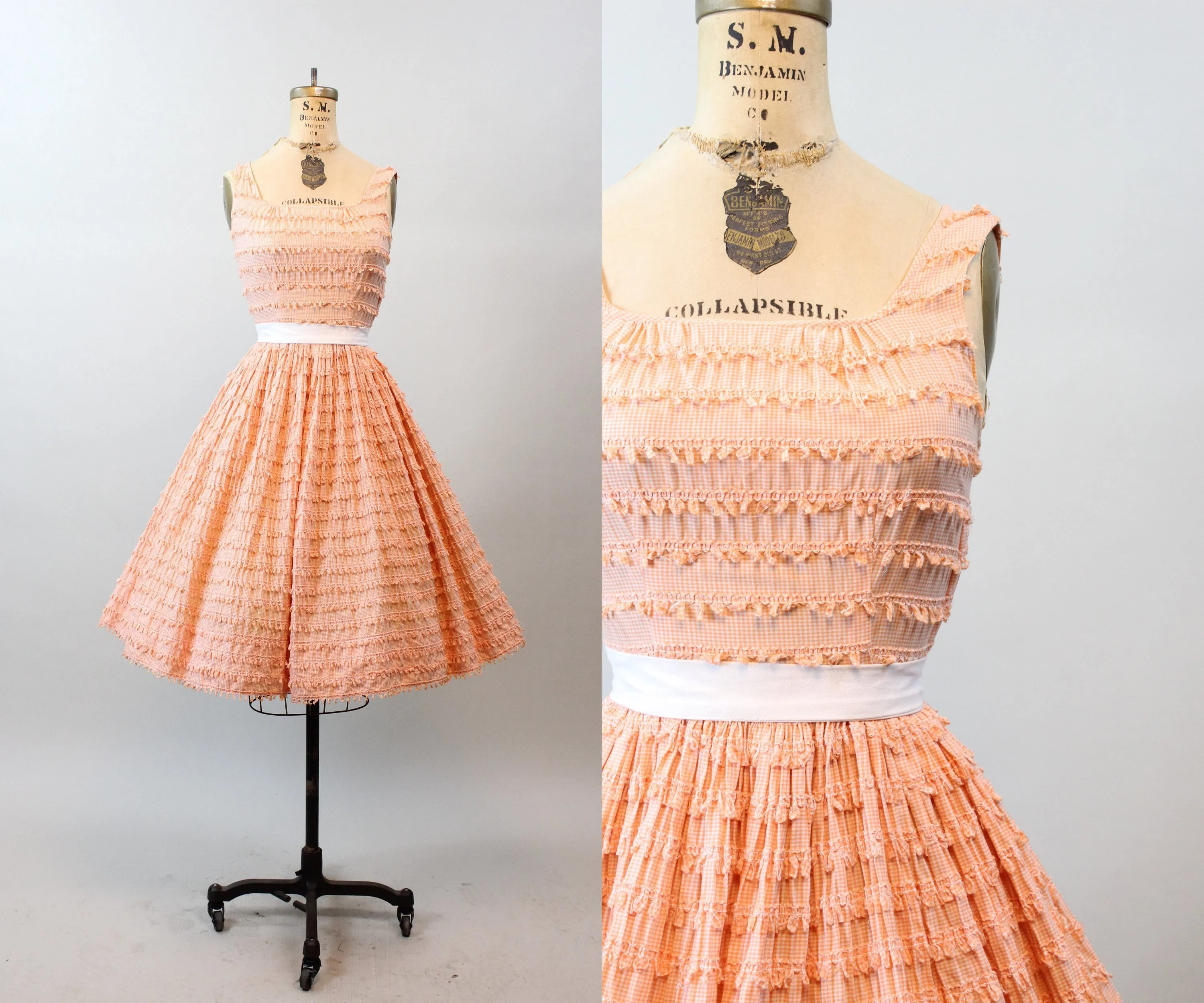 1950s LOOPED GINGHAM cotton print full skirt dress xxs | new spring summer