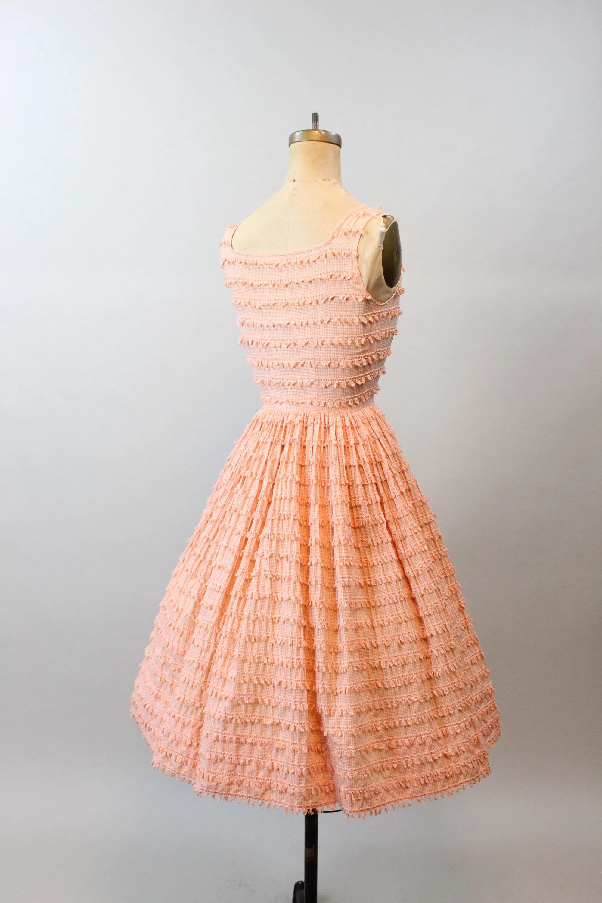1950s LOOPED GINGHAM cotton print full skirt dress xxs | new spring summer
