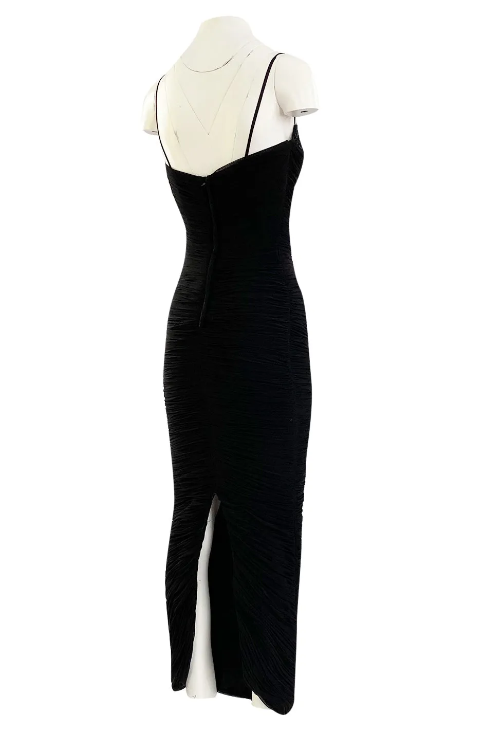 1980s Vicky Tiel Couture 'Kaimak' Gathered Black Net Fitted Dress w Beading Detailing
