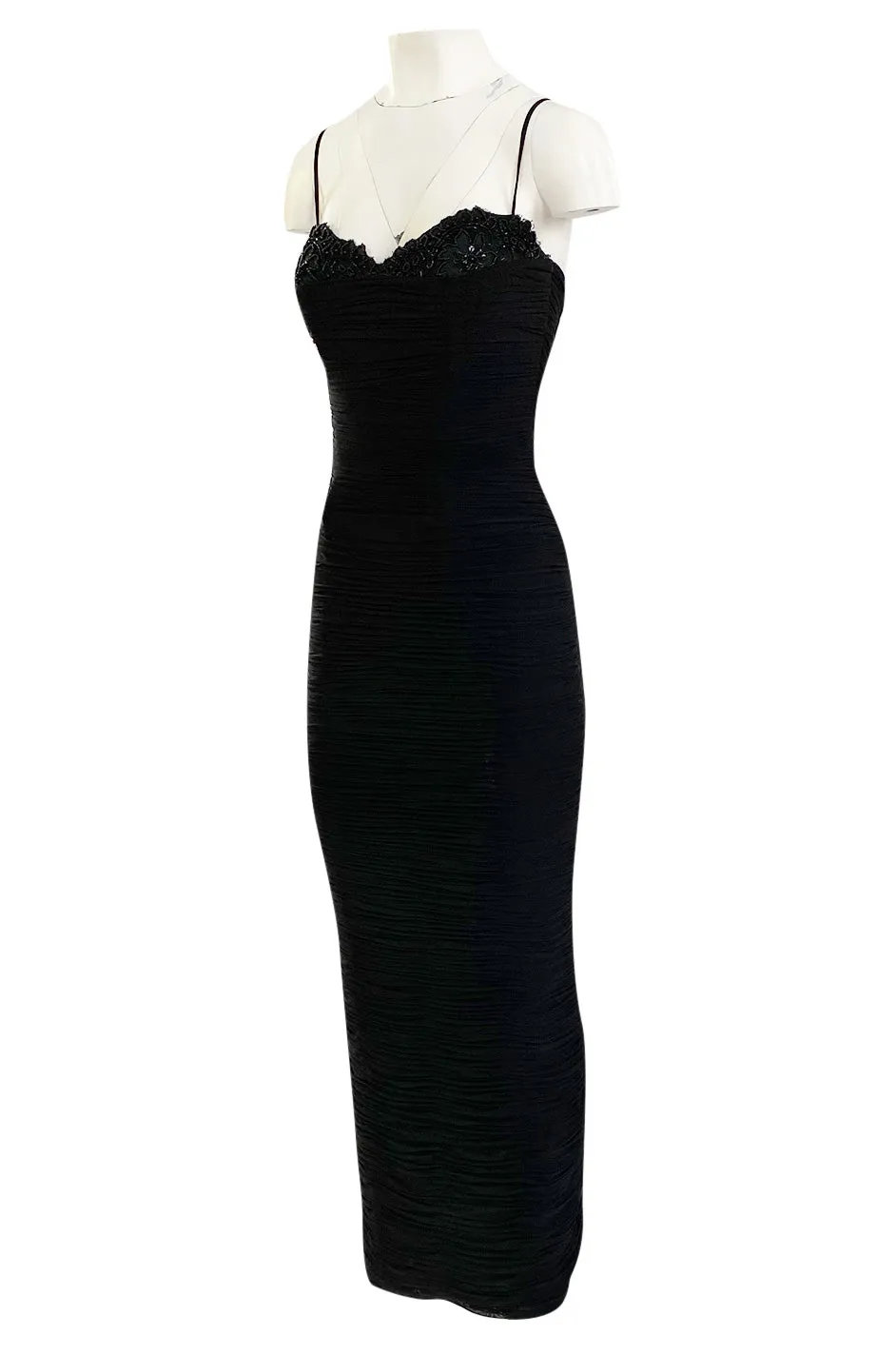 1980s Vicky Tiel Couture 'Kaimak' Gathered Black Net Fitted Dress w Beading Detailing