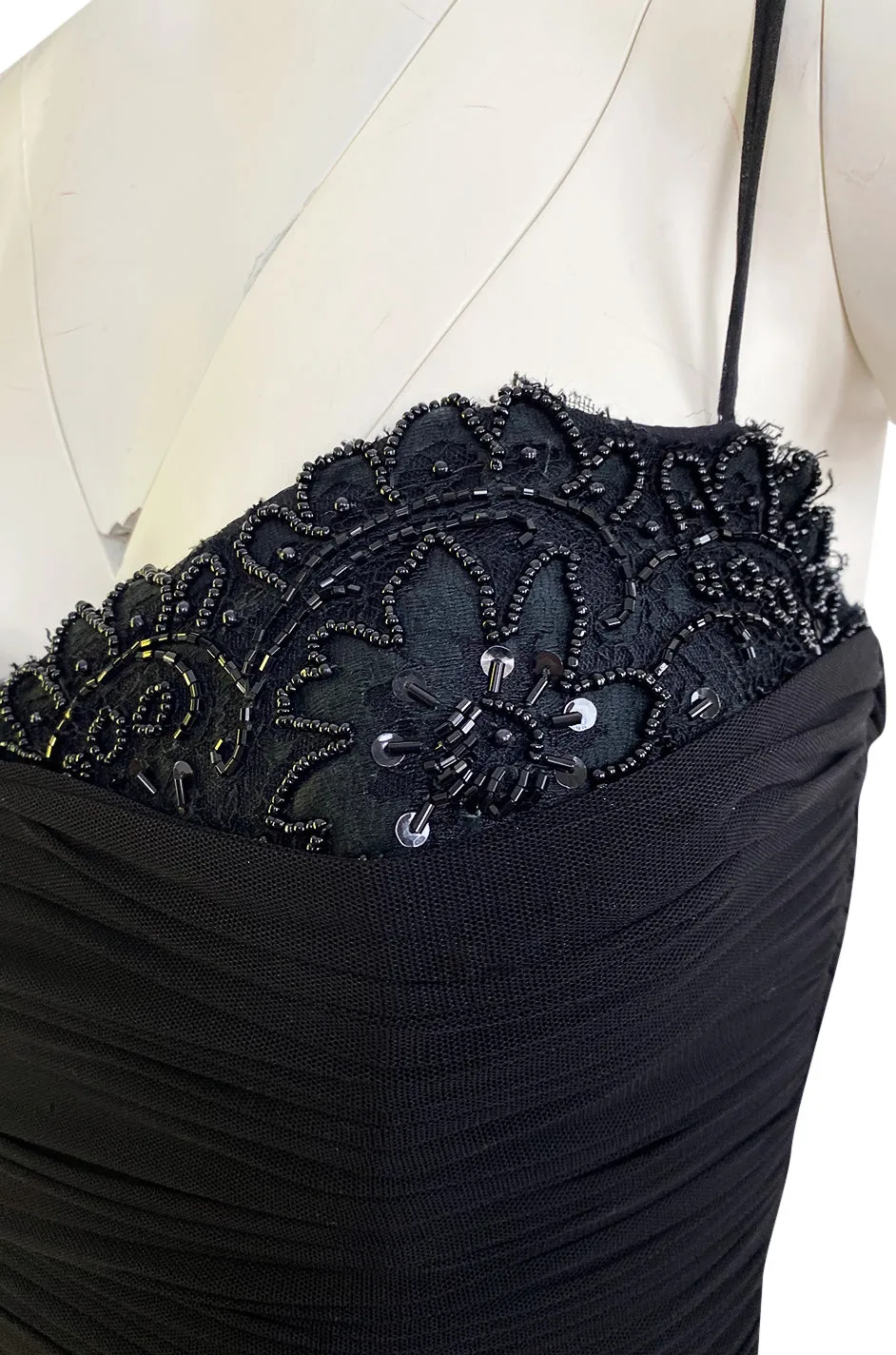 1980s Vicky Tiel Couture 'Kaimak' Gathered Black Net Fitted Dress w Beading Detailing