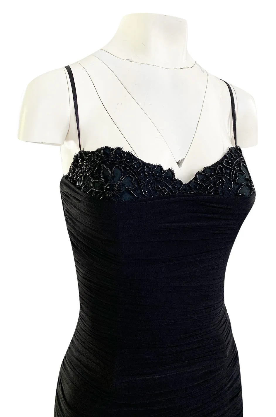1980s Vicky Tiel Couture 'Kaimak' Gathered Black Net Fitted Dress w Beading Detailing