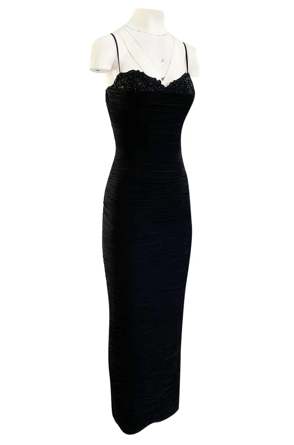 1980s Vicky Tiel Couture 'Kaimak' Gathered Black Net Fitted Dress w Beading Detailing