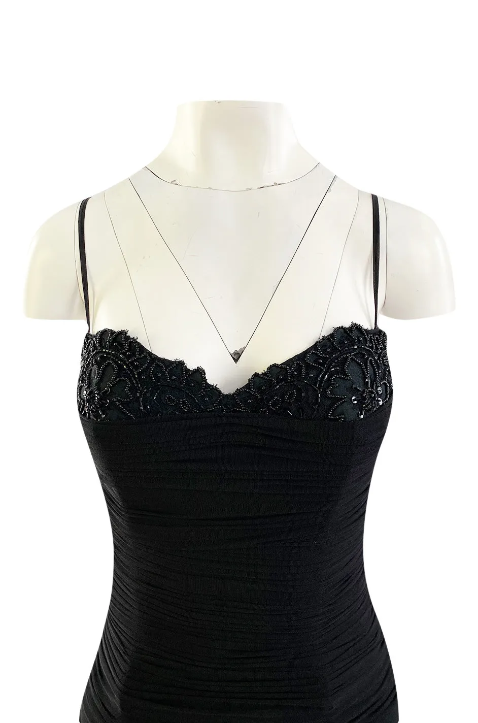 1980s Vicky Tiel Couture 'Kaimak' Gathered Black Net Fitted Dress w Beading Detailing
