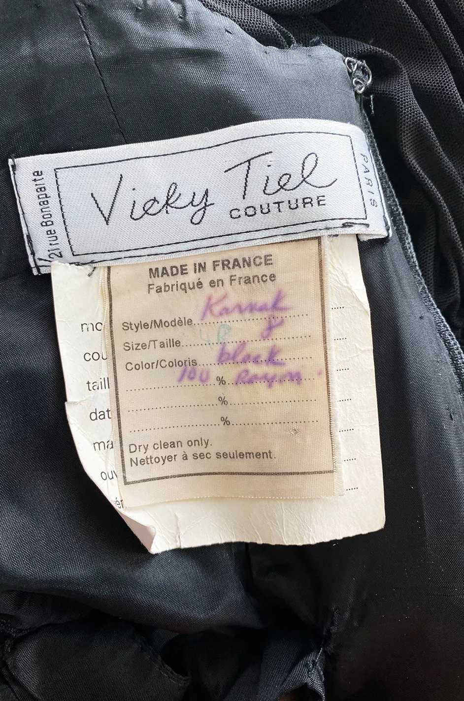 1980s Vicky Tiel Couture 'Kaimak' Gathered Black Net Fitted Dress w Beading Detailing