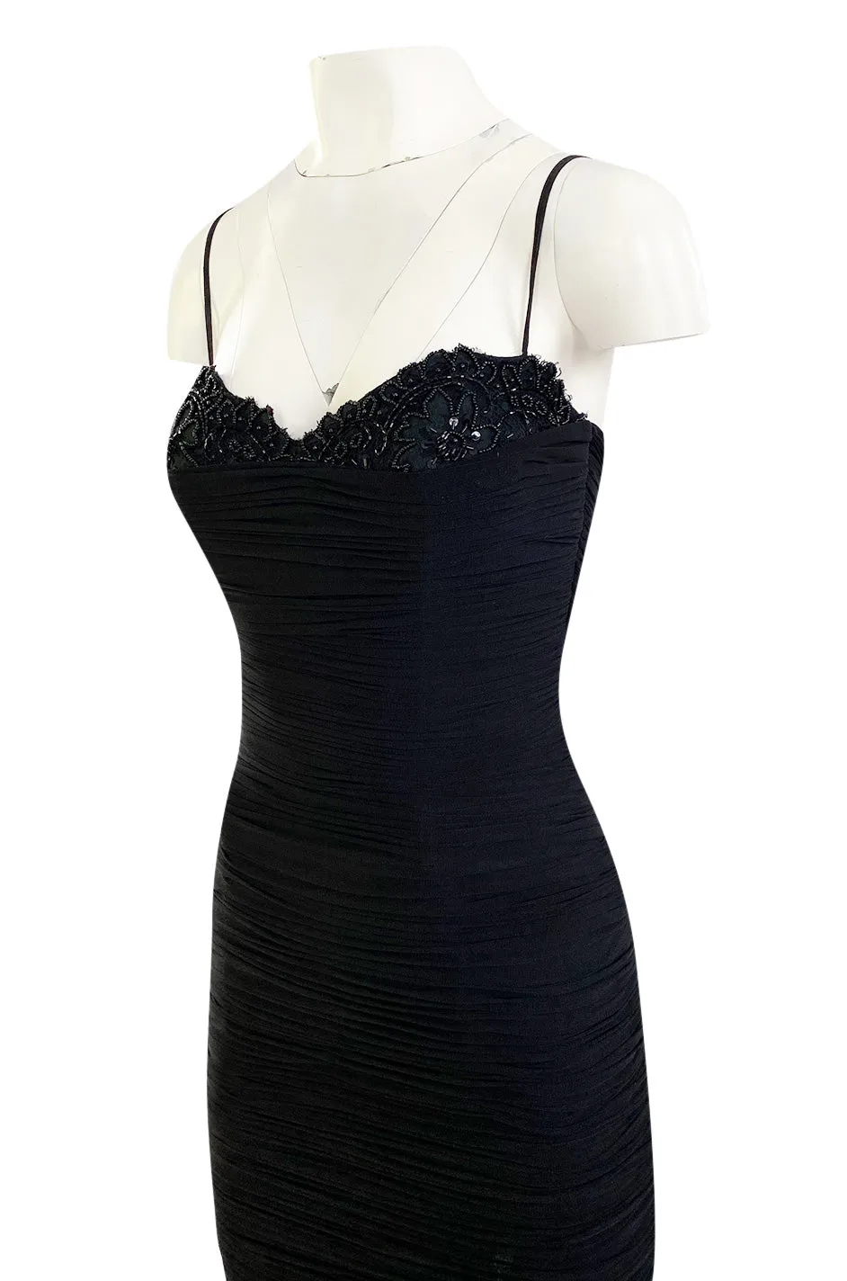 1980s Vicky Tiel Couture 'Kaimak' Gathered Black Net Fitted Dress w Beading Detailing