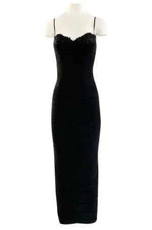 1980s Vicky Tiel Couture 'Kaimak' Gathered Black Net Fitted Dress w Beading Detailing