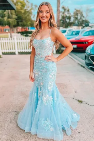 2025 Light Blue Long Prom Dress Lace Appliques Straps Mermaid Formal Dress Lace-Up