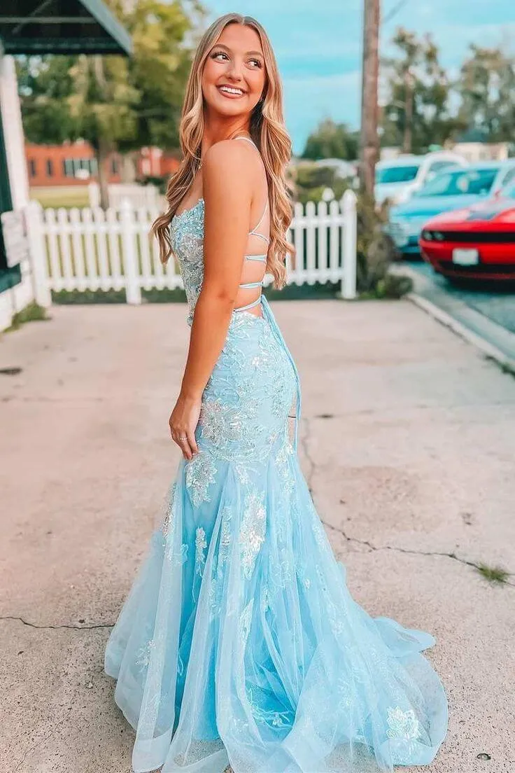 2025 Light Blue Long Prom Dress Lace Appliques Straps Mermaid Formal Dress Lace-Up