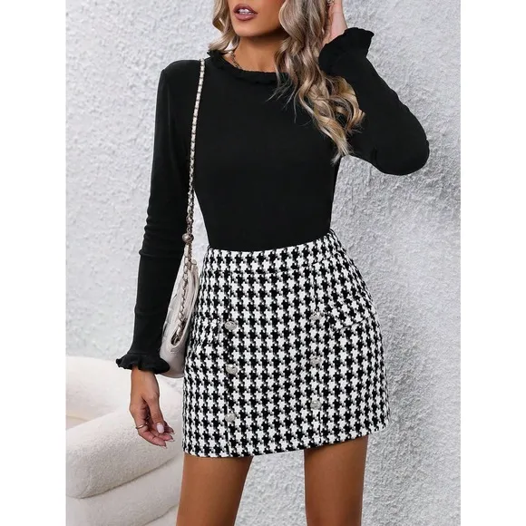 2piece set:  long Sleeve Tee &amp; Houndstooth Print Skirt
