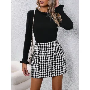 2piece set:  long Sleeve Tee &amp; Houndstooth Print Skirt