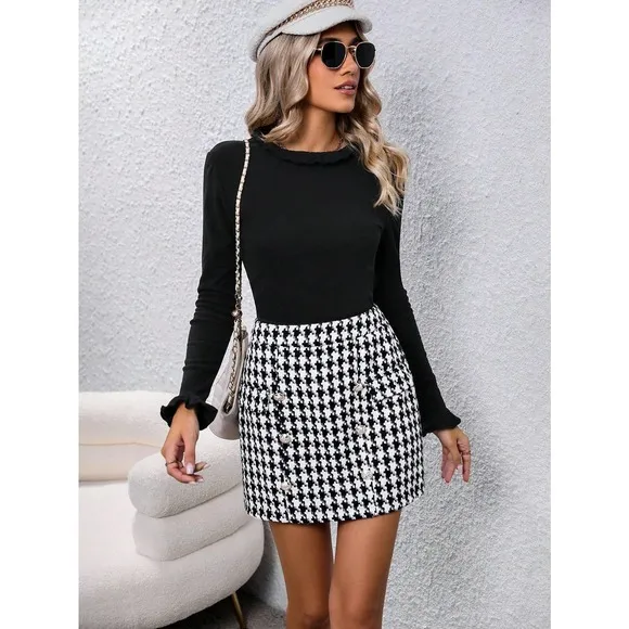 2piece set:  long Sleeve Tee &amp; Houndstooth Print Skirt