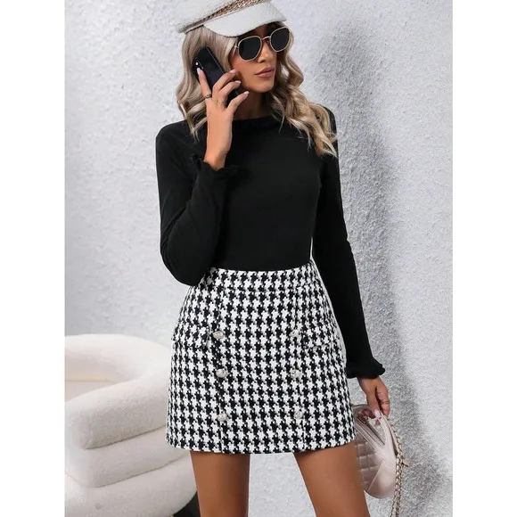 2piece set:  long Sleeve Tee &amp; Houndstooth Print Skirt