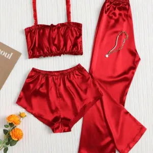 3pcs/Set Home Wear Camisole, Shorts And Long Pants, Pajama Set