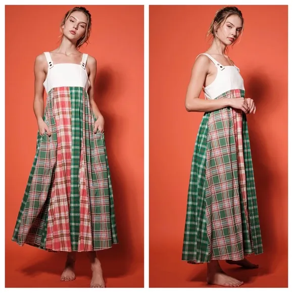 42 Fabulous Denim Multi Fabric Pleated Suspender Dress