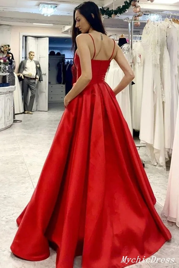 A Line Simpe Red Prom Dresses V Neck Long Evening Formal Dress