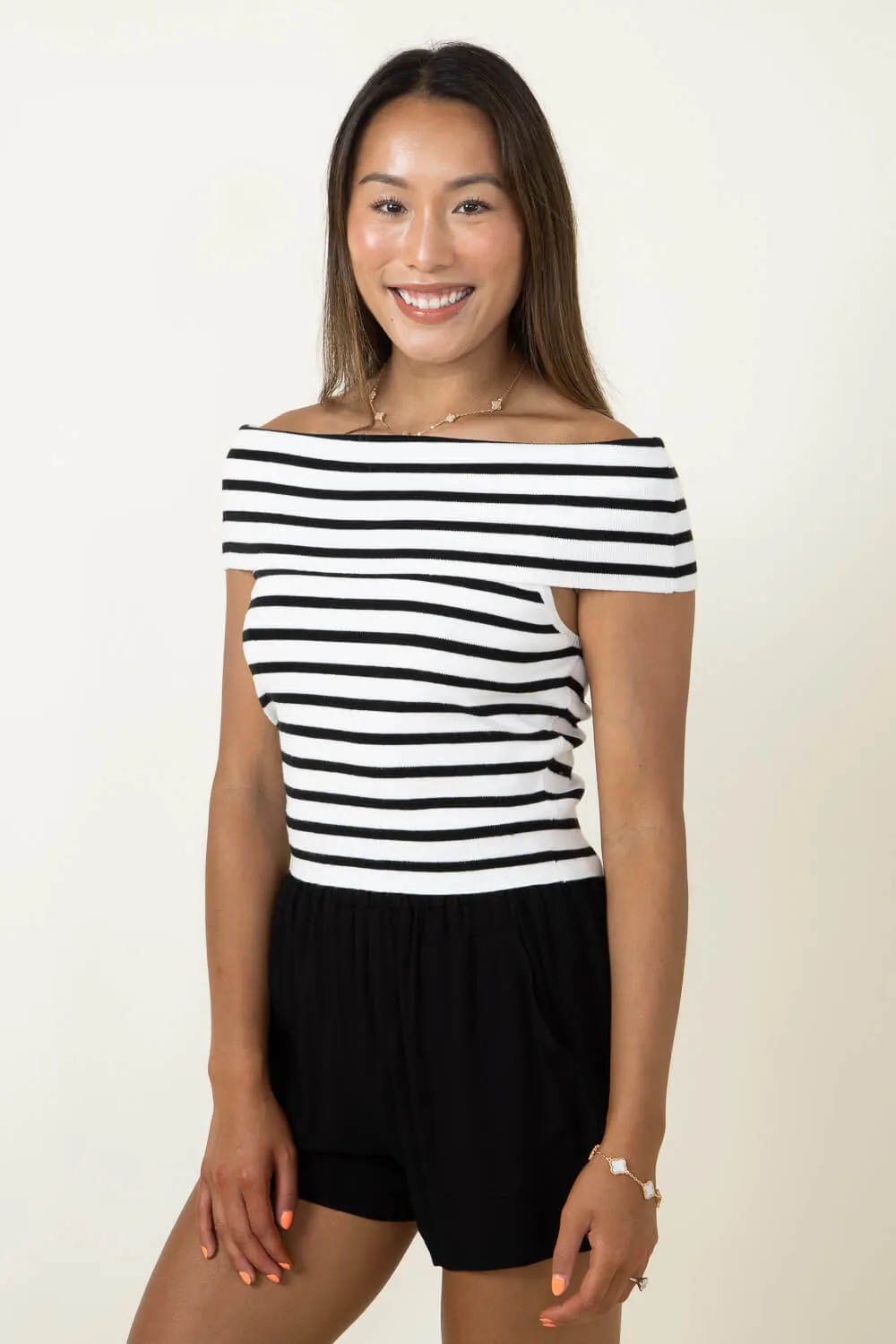 ACOA Off Shoulder Stripe Top for Women in White/Black | ACT11562A-WHITEBLACK
