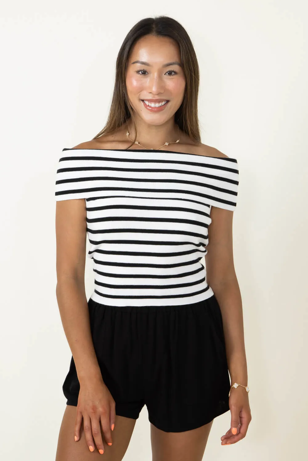 ACOA Off Shoulder Stripe Top for Women in White/Black | ACT11562A-WHITEBLACK