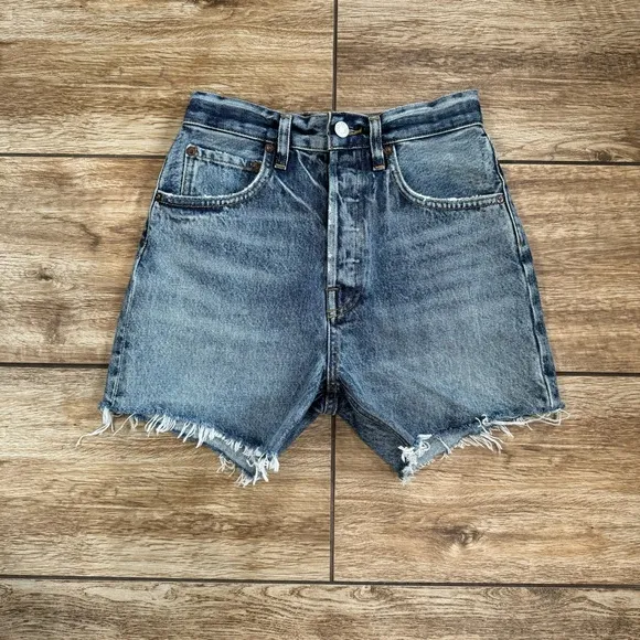 Agolde Riley Jeans Denim Shorts Size 24 Outsider Distressed Blue Shorts