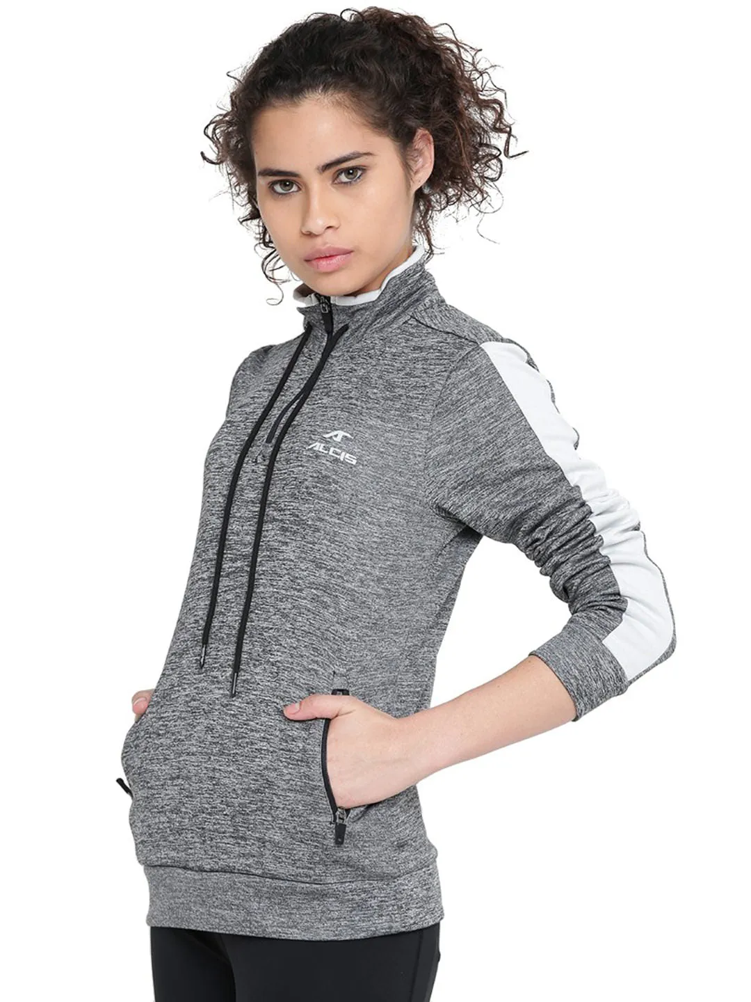 Alcis Women Grey & Black Solid Sweatshirt 236WSS076