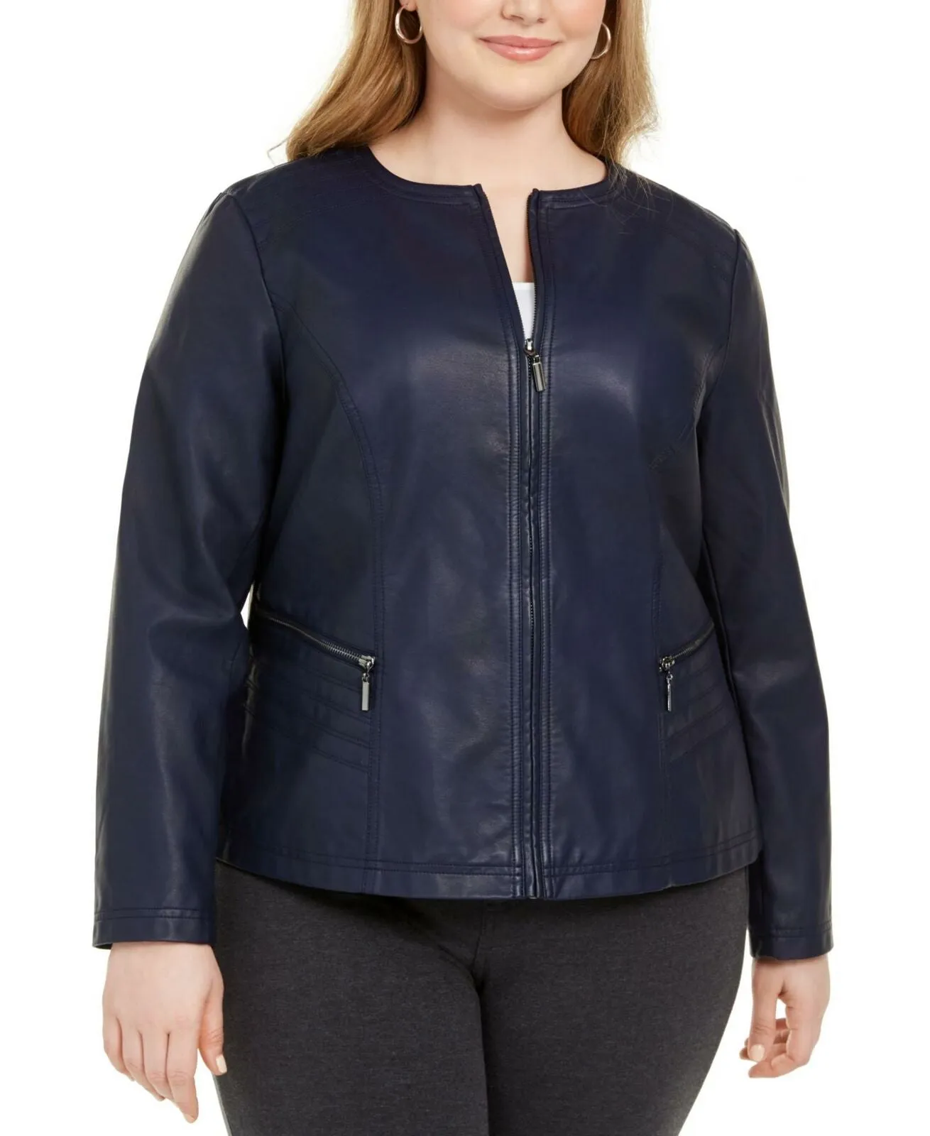 Alfani Womens Plus Size Faux Leather Zipper Jacket Navy 1X