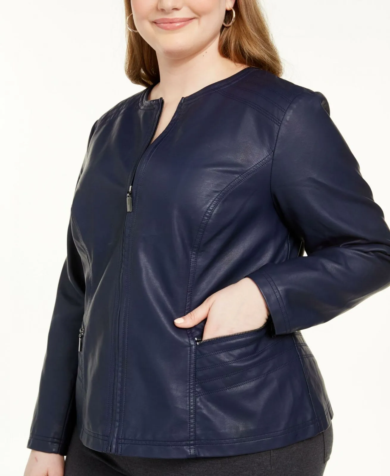 Alfani Womens Plus Size Faux Leather Zipper Jacket Navy 1X