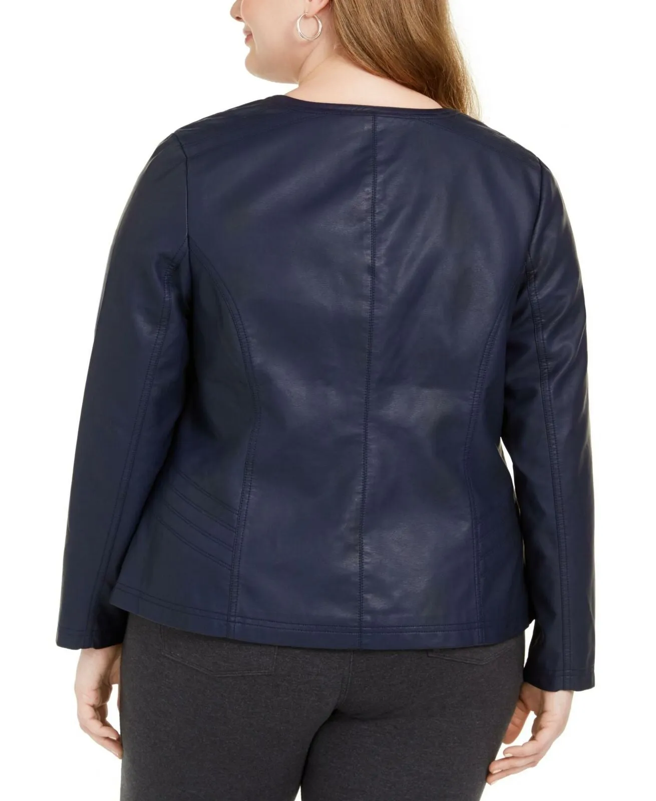 Alfani Womens Plus Size Faux Leather Zipper Jacket Navy 1X