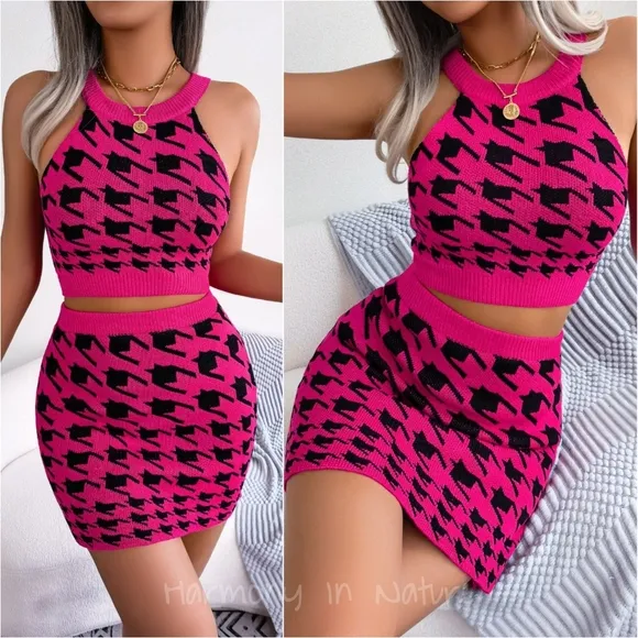 Alina Houndstooth Sweater Set - Pink