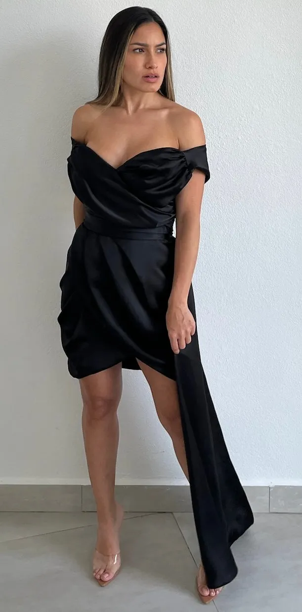Always Celebrating Black Off-Shoulder Satin Dress