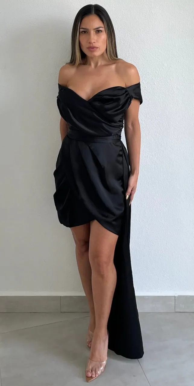 Always Celebrating Black Off-Shoulder Satin Dress