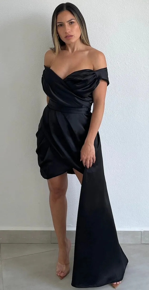 Always Celebrating Black Off-Shoulder Satin Dress