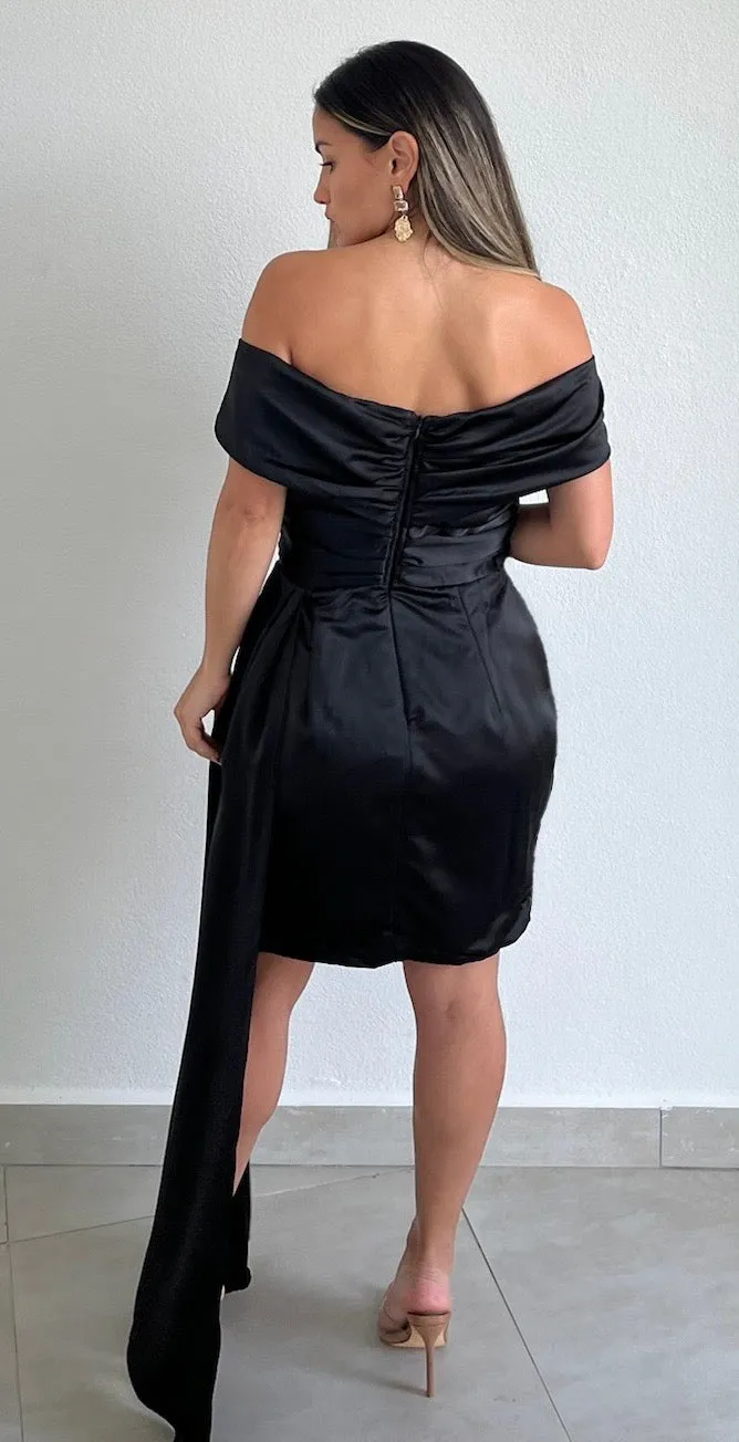 Always Celebrating Black Off-Shoulder Satin Dress