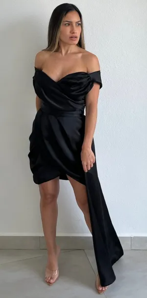 Always Celebrating Black Off-Shoulder Satin Dress