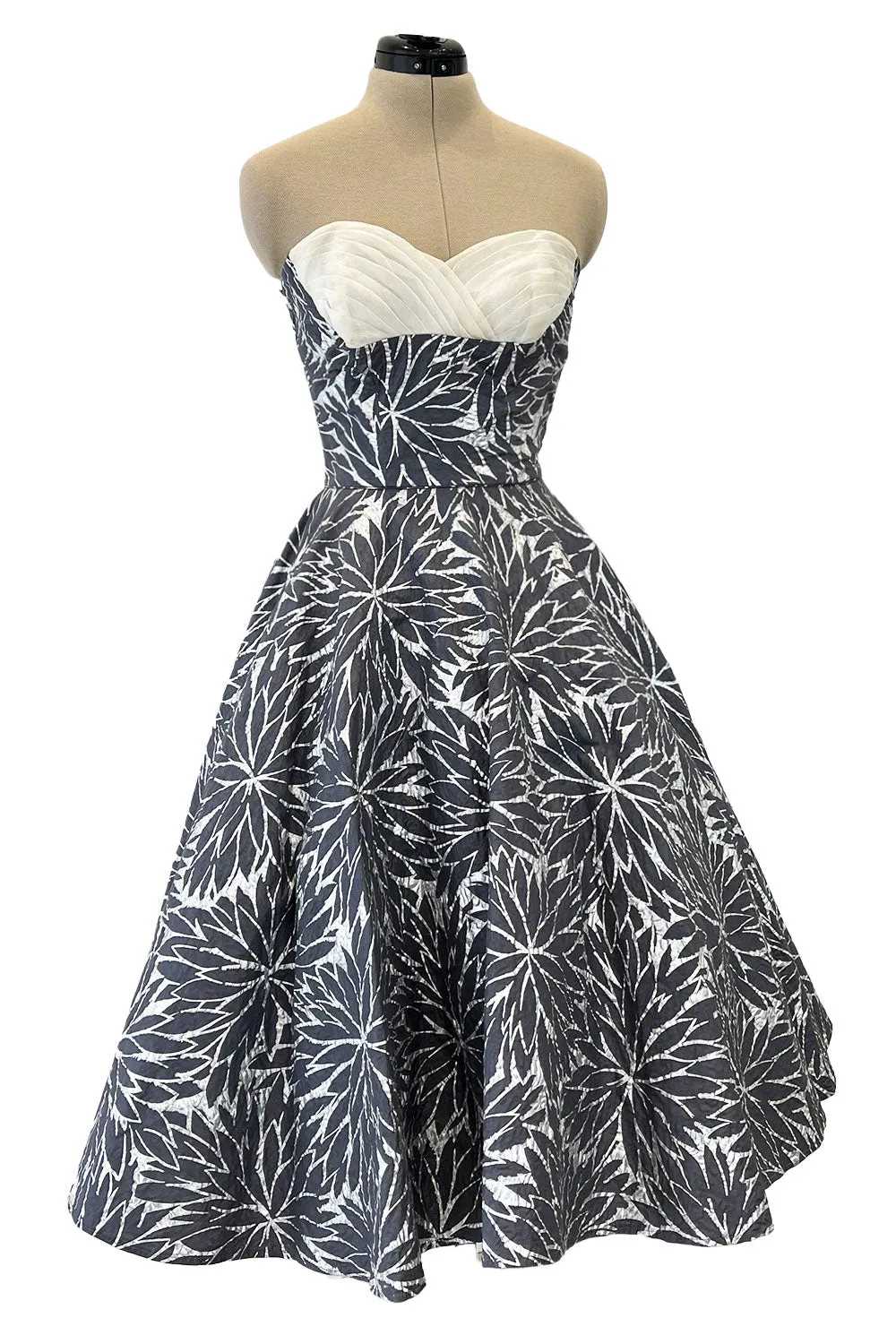 Amazing 1950s Fred Perlberg Hand Painted Silver & Gray Strapless Dress w Pleated Shelf Bust