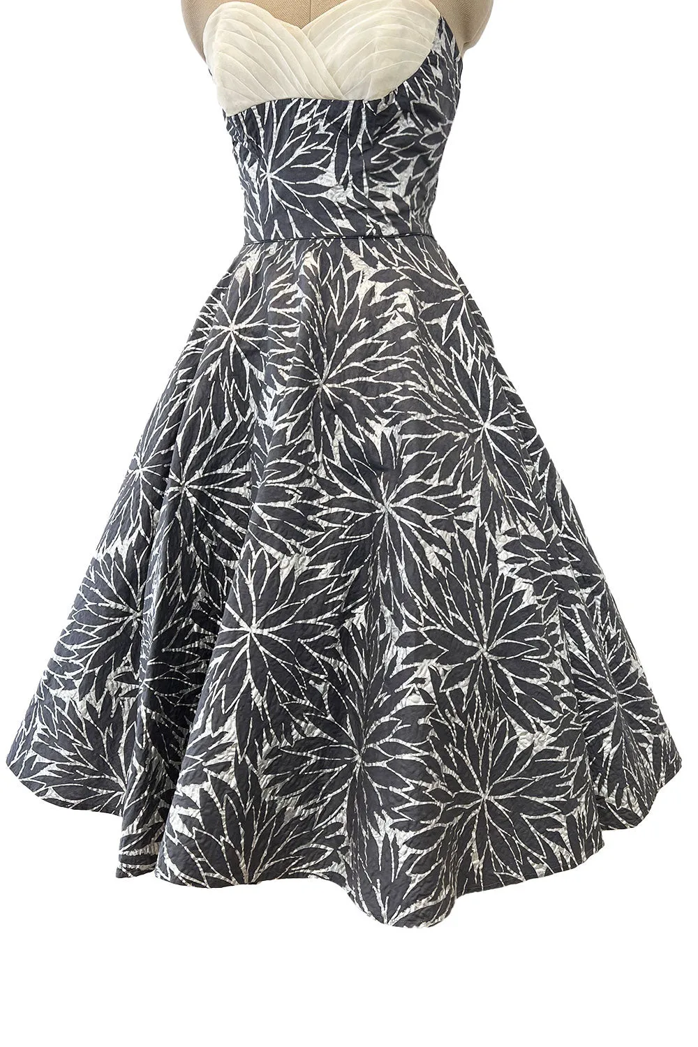 Amazing 1950s Fred Perlberg Hand Painted Silver & Gray Strapless Dress w Pleated Shelf Bust
