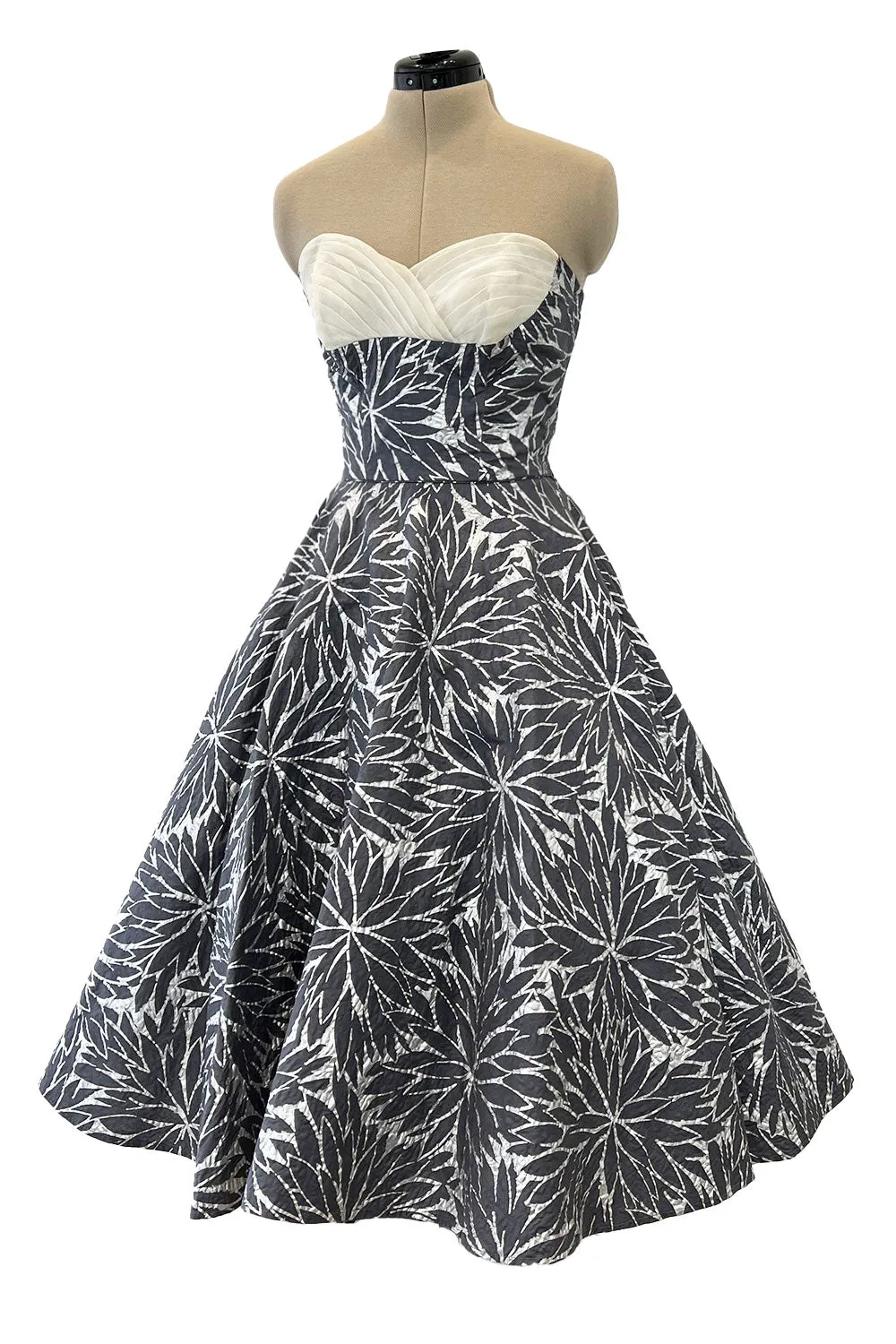 Amazing 1950s Fred Perlberg Hand Painted Silver & Gray Strapless Dress w Pleated Shelf Bust