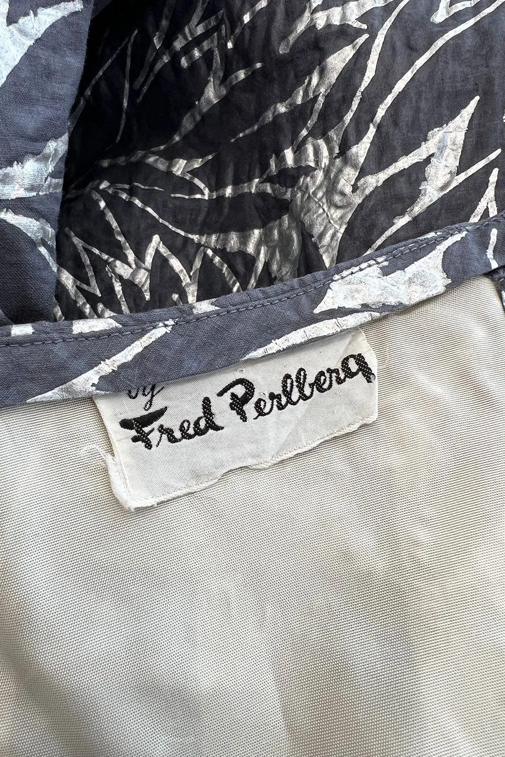 Amazing 1950s Fred Perlberg Hand Painted Silver & Gray Strapless Dress w Pleated Shelf Bust