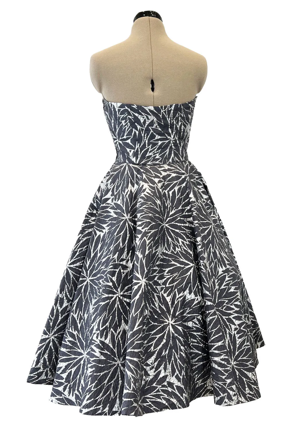 Amazing 1950s Fred Perlberg Hand Painted Silver & Gray Strapless Dress w Pleated Shelf Bust