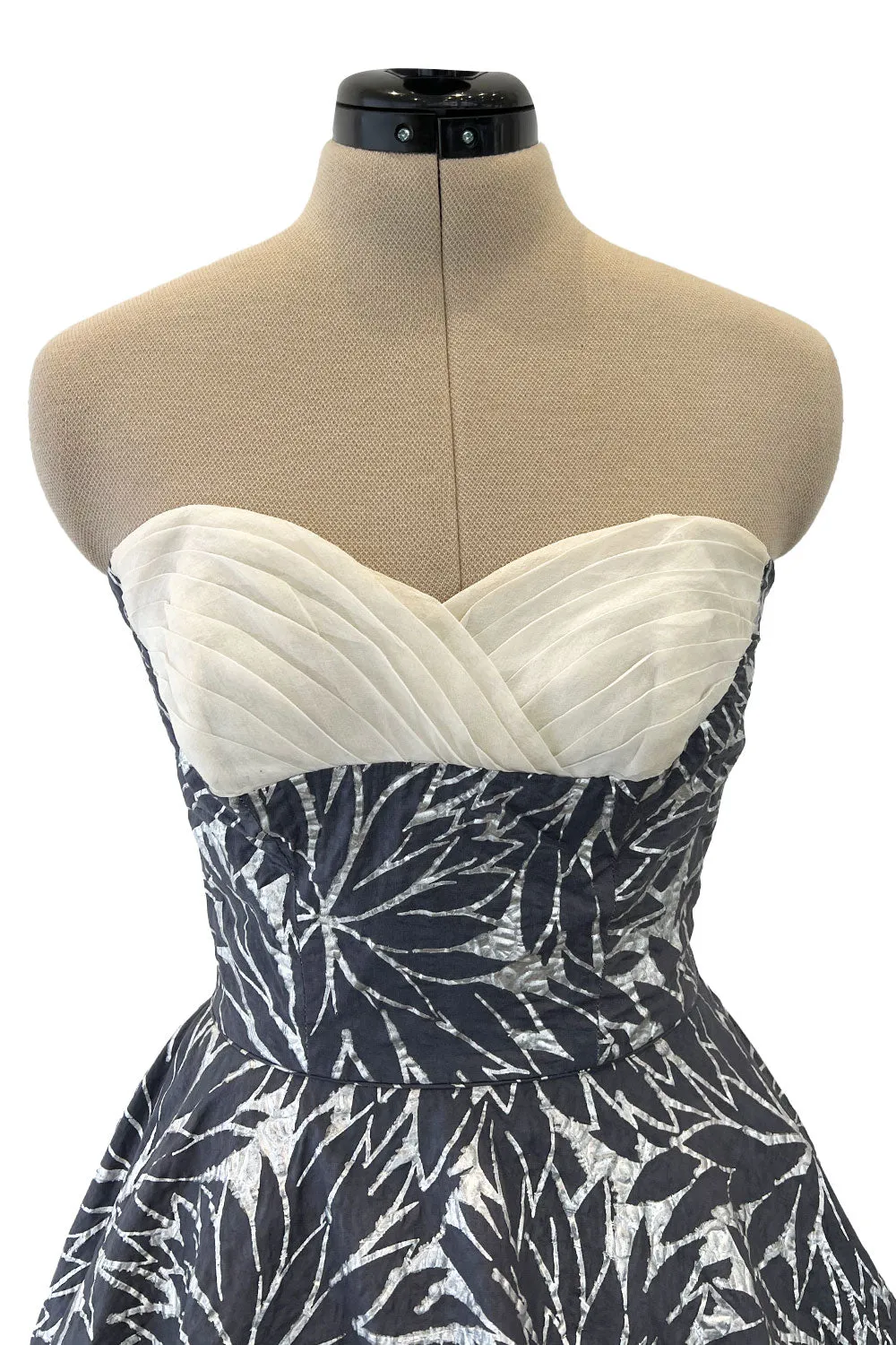 Amazing 1950s Fred Perlberg Hand Painted Silver & Gray Strapless Dress w Pleated Shelf Bust