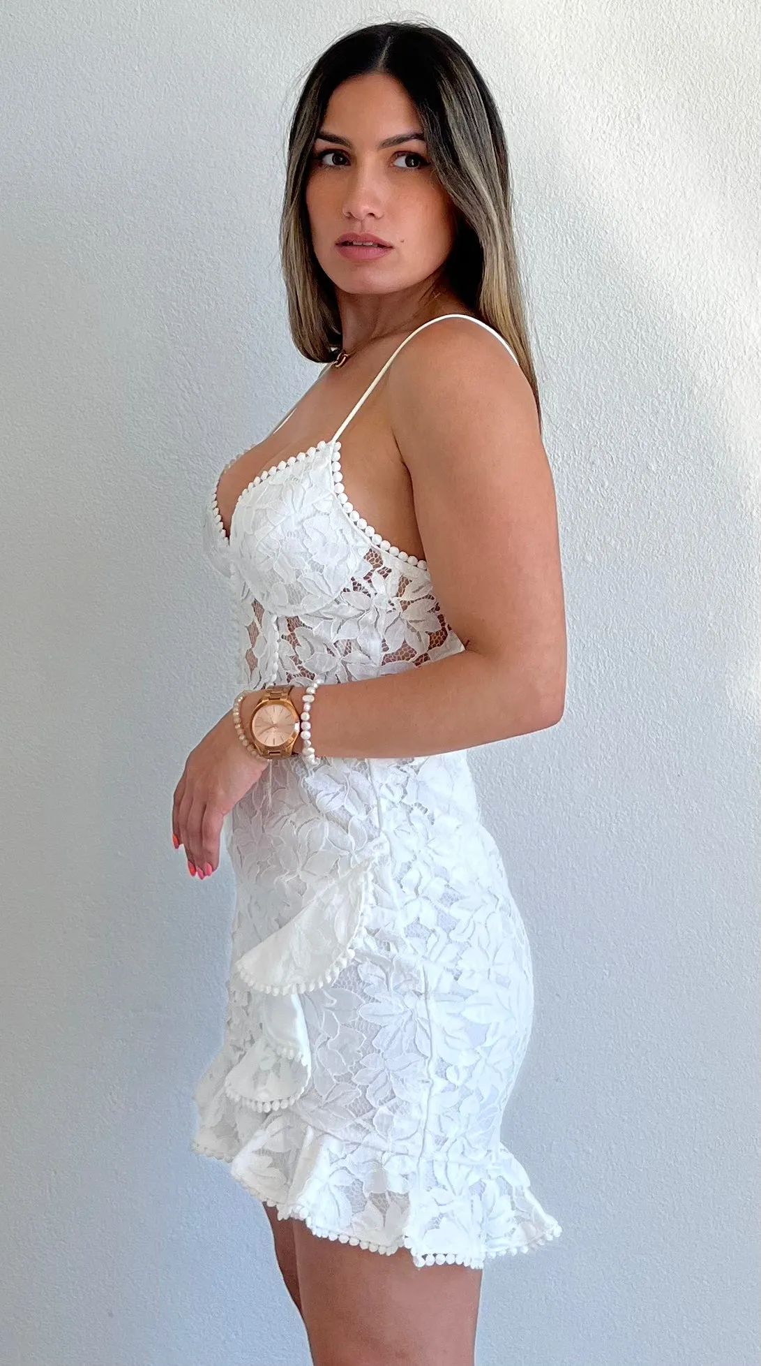 Amazing Allure White Ruffle & Lace Dress