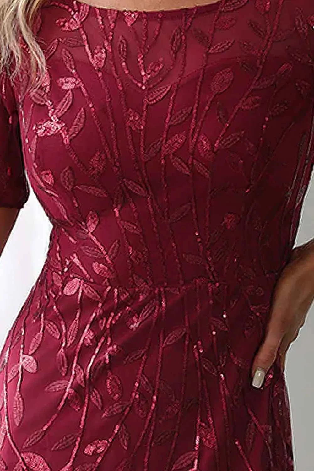 Amelia Couture 7707 Long Trumpet Skirt Short Sleeve Scoop Neckline Dress