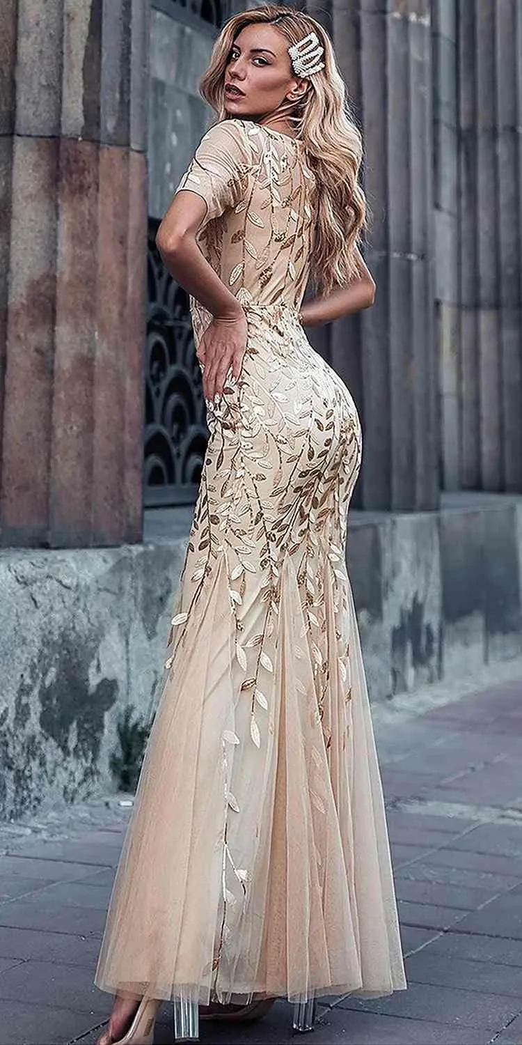 Amelia Couture 7707 Long Trumpet Skirt Short Sleeve Scoop Neckline Dress