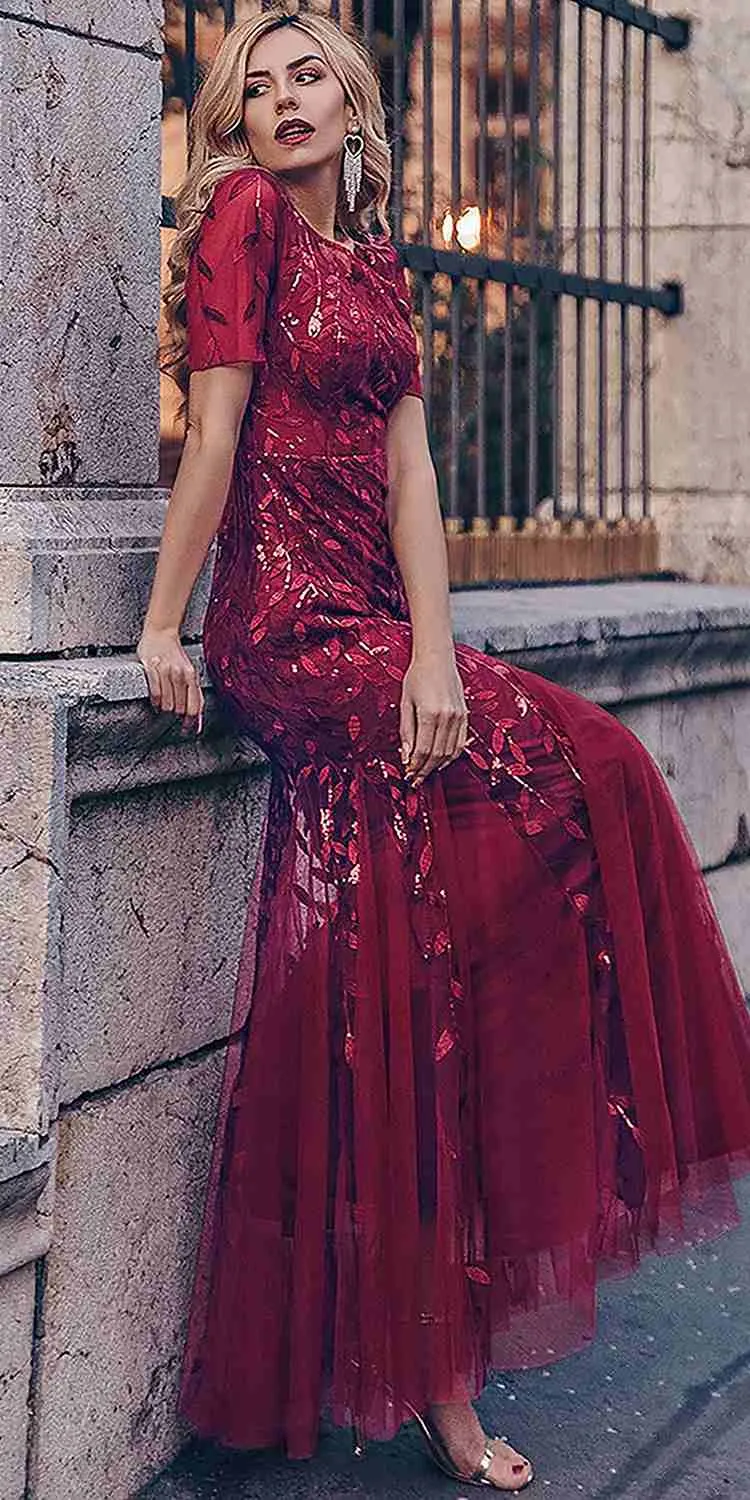 Amelia Couture 7707 Long Trumpet Skirt Short Sleeve Scoop Neckline Dress
