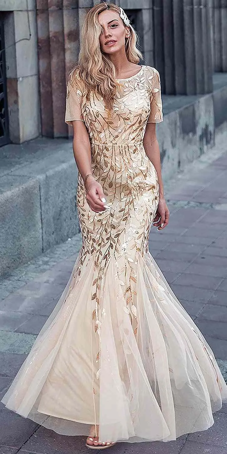 Amelia Couture 7707 Long Trumpet Skirt Short Sleeve Scoop Neckline Dress