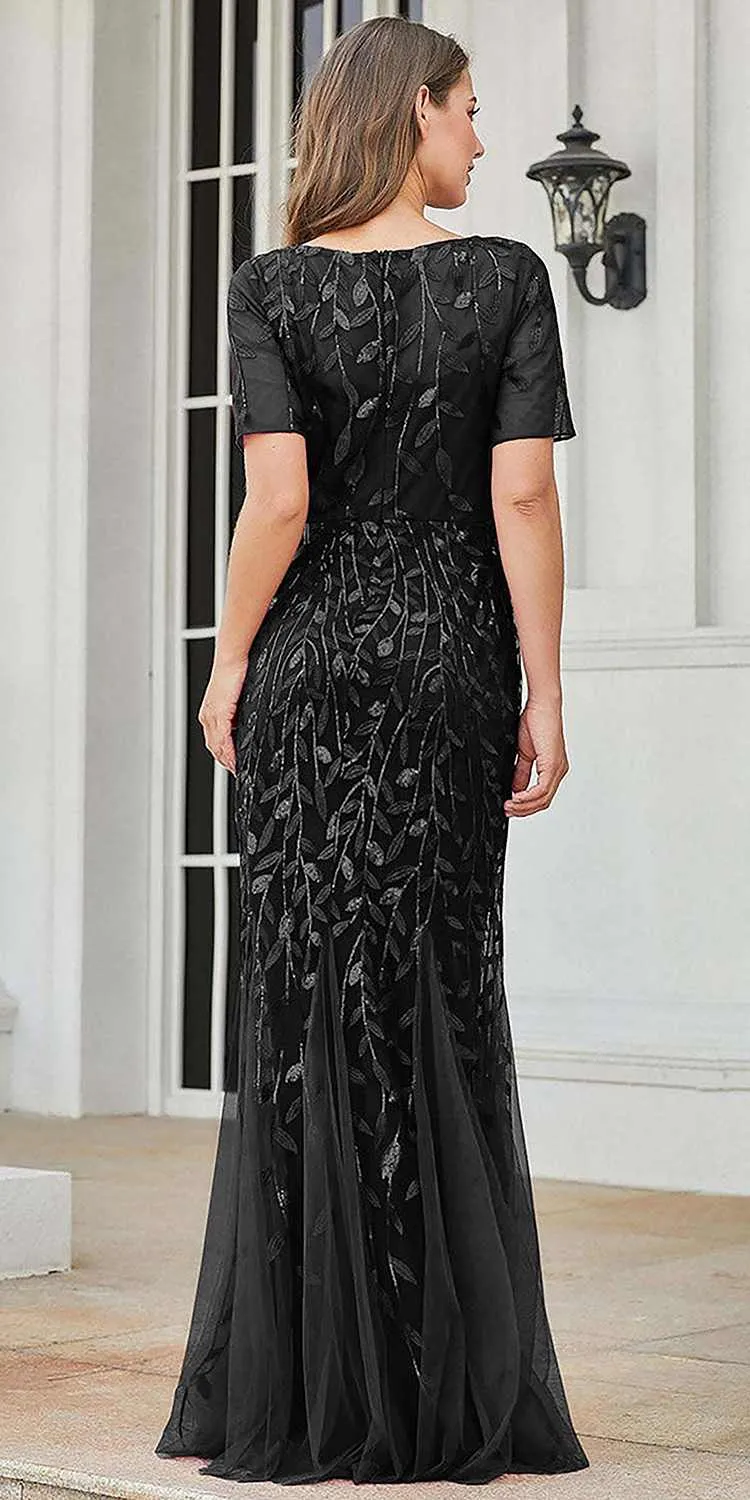 Amelia Couture 7707 Long Trumpet Skirt Short Sleeve Scoop Neckline Dress