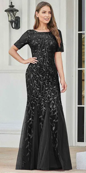 Amelia Couture 7707 Long Trumpet Skirt Short Sleeve Scoop Neckline Dress